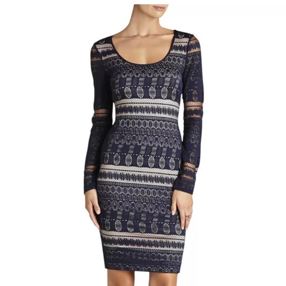Navy Stretchy Laser Cut Midi Dress